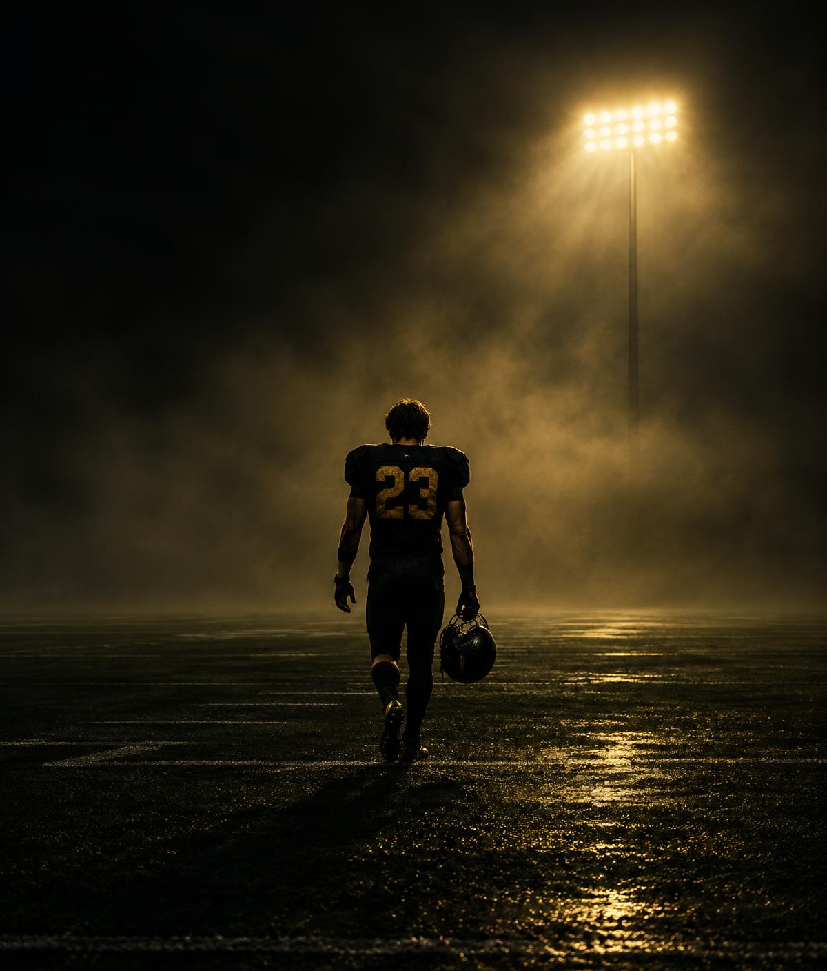 Athlete walking onto a dark field under one floodlight